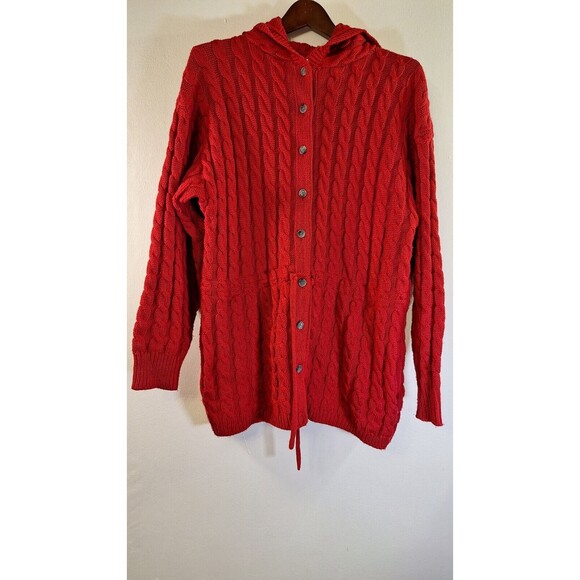 VTG DONCASTER SPORT Wool Blend Chunky Cable Knit Sweater Jacket Women Med Hooded - Picture 1 of 7